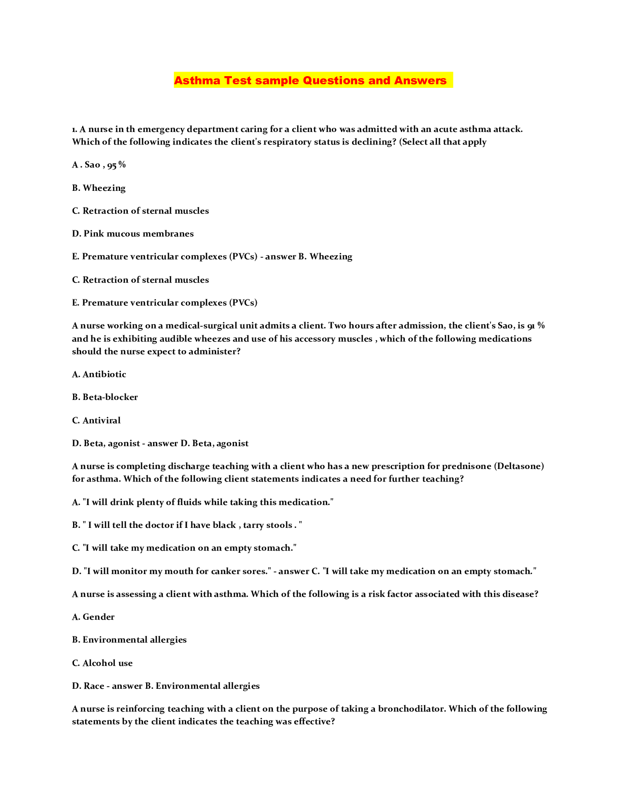 Preview image of Asthma Test sample Questions and Answers document